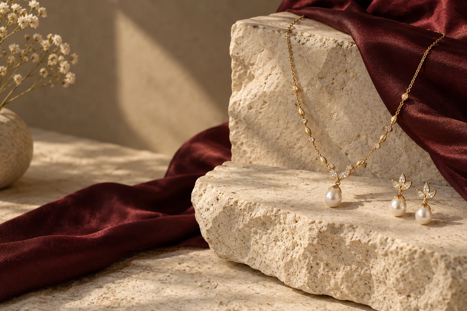 Jewellery styling inspiration: gold-tone necklace and pearl earrings on ivory stone and burgundy silk